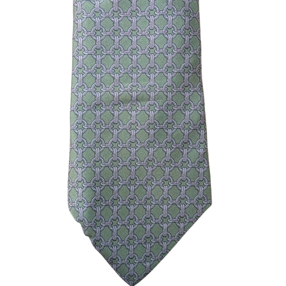Vintage Hermès 100% Silk Men's Green Tie With Blue Geometric Designs W Tie Caddy